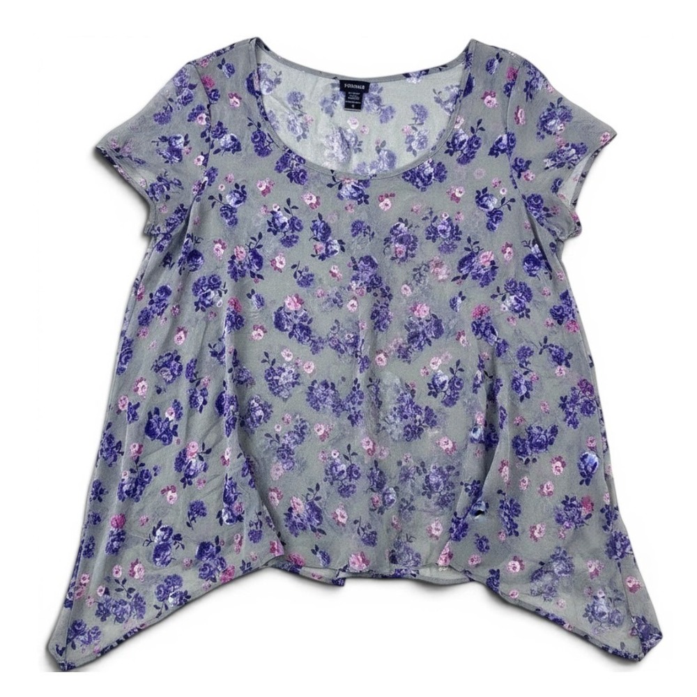 Torrid Floral Chiffon Sharkbite Blouse‎ Gray Purple Pink Womens Plus Size 2